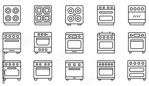 Outline vector icons of ovens, burners, and cooking ranges for appliance design
