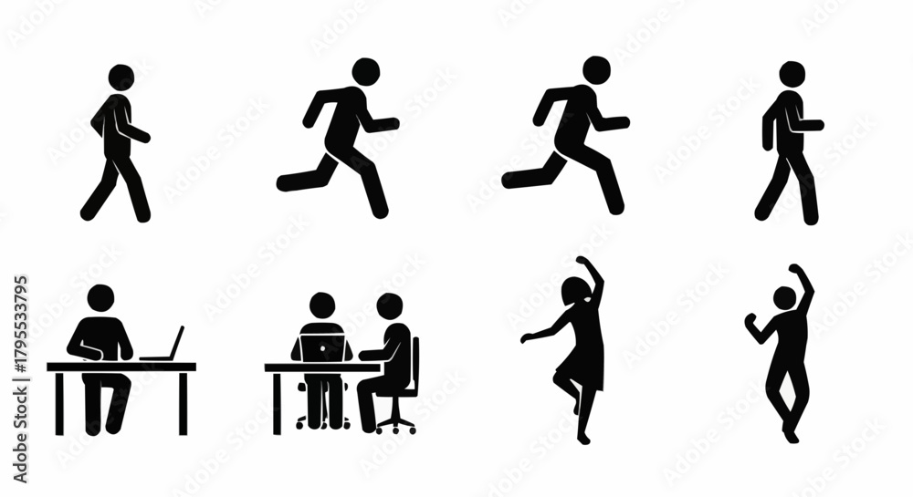 Naklejka premium Illustration of stick figures in various actions including walking running working dancing and celebrating