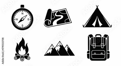A collection of camping icons featuring a compass, map, tent, campfire, mountains, and backpack
