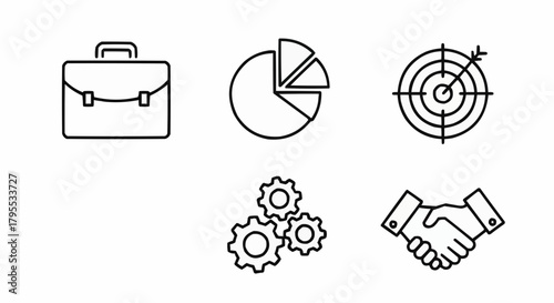 Illustration of business icons including a briefcase pie chart target gears and a handshake in black and white