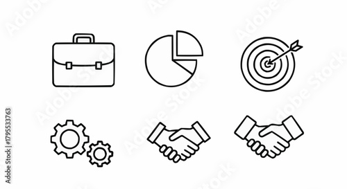 Illustration of business icons including briefcase, pie chart, target, gears and handshake symbols