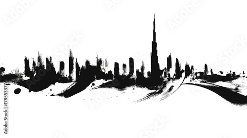 Grunge ink brush stroke art of Dubai city skyline featuring Burj Khalifa and modern skyscrapers