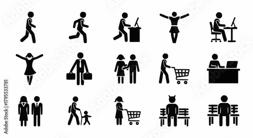 Illustration of various stick figure people in different activities and situations on a white background