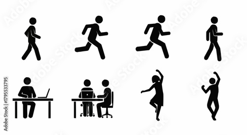 Illustration of stick figures in various actions including walking running working dancing and celebrating