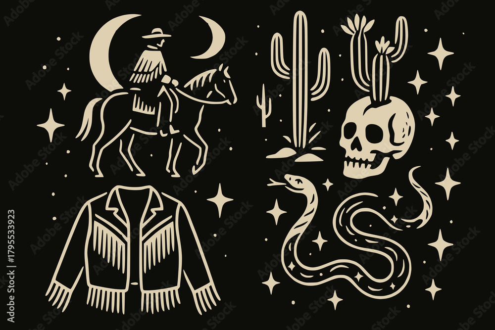 Fototapeta premium Western Cowboy Illustration with Horse, Cactus, Snake, and Gold Stars