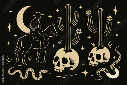 Western Cowboy Illustration with Horse, Cactus, Snake, and Gold Stars