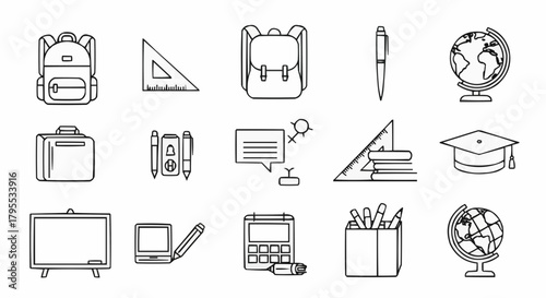 Outline drawing of school supplies including backpacks globe blackboard and graduation cap for education theme