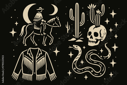 Western Cowboy Illustration with Horse, Cactus, Snake, and Gold Stars