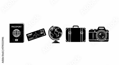 Black and white travel essentials including passport ticket globe suitcase and camera illustration