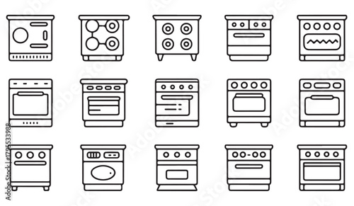 Minimalist kitchen stove and oven line icon set for home and commercial use