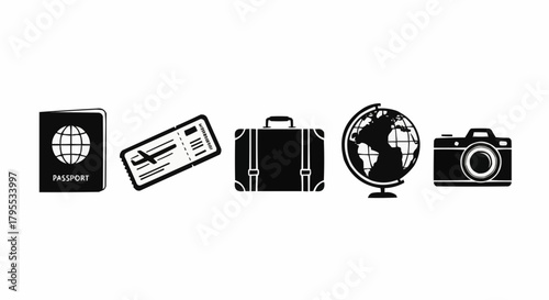 Black and white travel icons depicting passport ticket suitcase globe and camera in a row design icon set