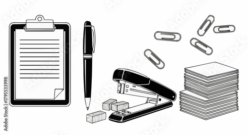 Illustration of a clipboard with paper, pen, stapler, paper clips and stack of papers on white