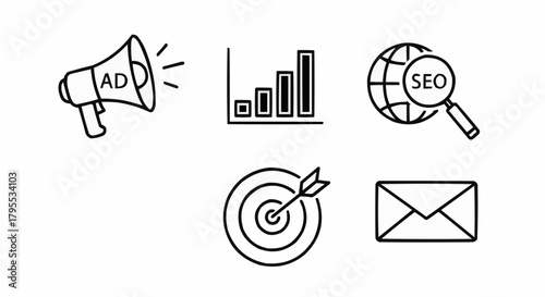 Illustration showing marketing strategy elements like ad campaign, seo, target and email marketing