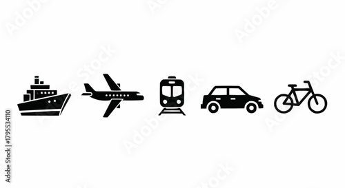 Illustration of various modes of transport including ship airplane train car and bicycle icons isolated