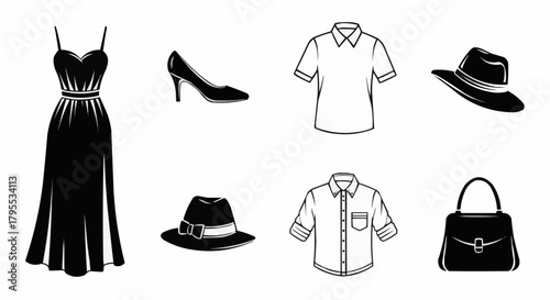 Illustration of a dress, shoe, two hats, two shirts and a handbag in black and white style