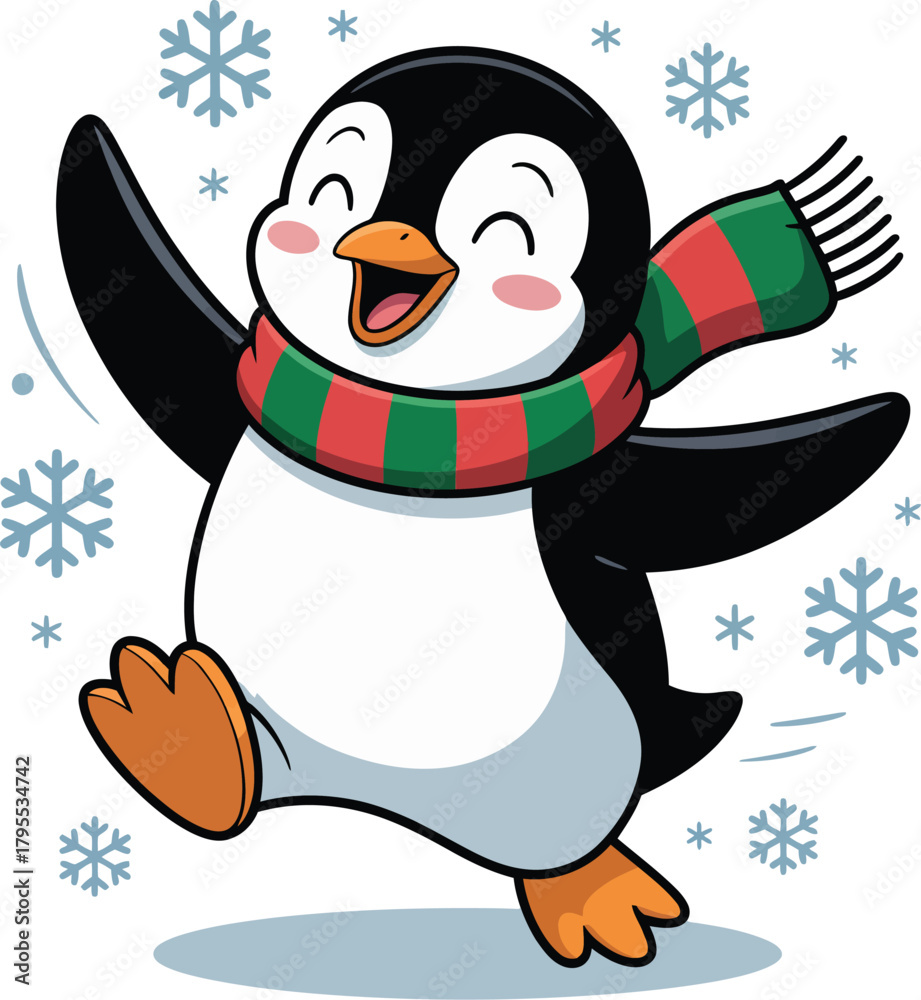 Naklejka premium Cute winter penguin illustration featuring a joyful cartoon character wearing a colorful scarf, dancing happily with snowflakes in a festive seasonal scene.