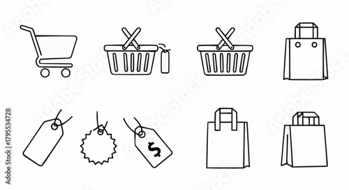Outline drawing of shopping elements including a cart, baskets, bags, and tags in a simple line art style