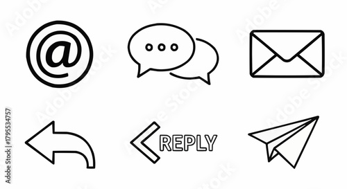 Collection of six black and white communication icons including email chat reply and send symbols