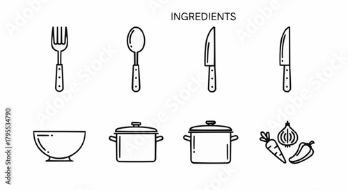 Outline drawing of kitchen utensils and vegetables for cooking ingredients preparation concept design