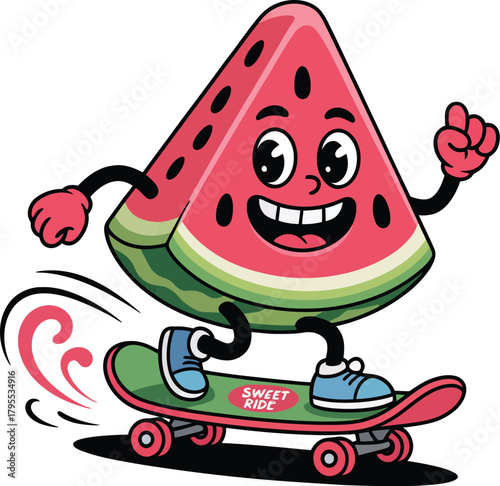 Cute skateboarding watermelon cartoon illustration featuring smiling fruit character riding a skateboard with energetic motion, fun playful kids design perfect for summer themed graphics.