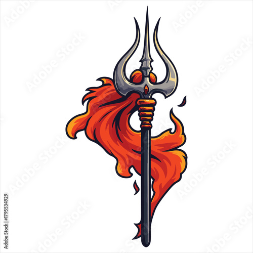 Mythical Trident Illustration – Fiery Aura, Golden Grip, Symbolic Power Art
