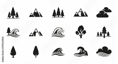 Collection of nature icons featuring mountains trees waves and clouds in a minimalist style design set