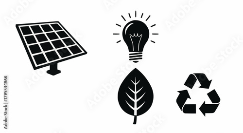 Illustration showing a solar panel, light bulb, leaf, and recycling symbol in black and white design