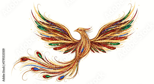 Stunning golden phoenix soaring with vibrant, fiery wings and a majestic, flowing tail, symbolizing rebirth and hope.