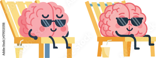 Relaxed Brain Character on Retro Beach Chair Stress Relief Flat Vector Illustration