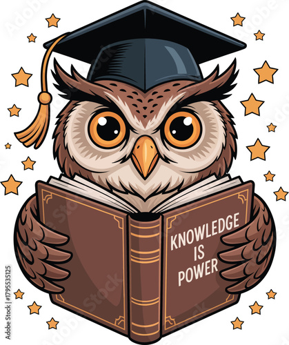 Smart educational owl mascot wearing a graduation cap and reading a book with the message knowledge is power in a motivating academic cartoon illustration.