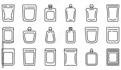 Minimalist line icon set of packaging pouches, refill bags, and squeeze bottles