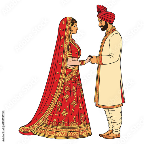 Indian Wedding Couple Illustration – Traditional Attire, Red Lehenga & Sherwani Art