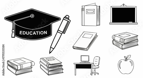 Illustration of education related objects including books, desk, apple, and graduation cap icon
