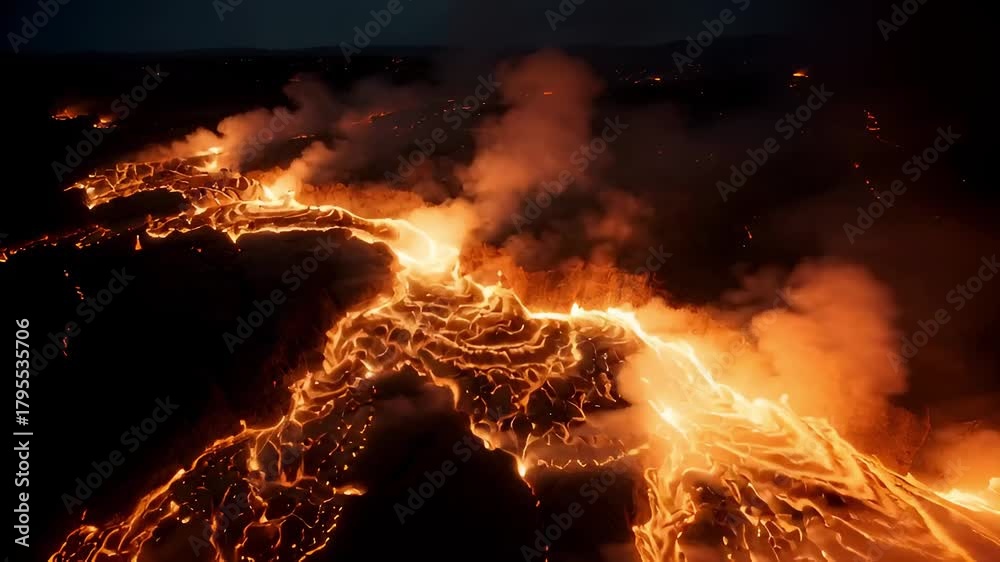 Glowing lava streams cut through dark volcanic rock, illuminating thick smoke as molten currents flow across the landscape at night.