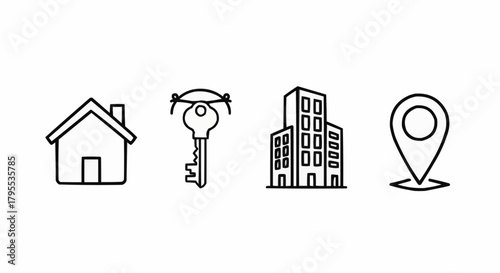 Outline icons representing a house, key, buildings, and location pin on a white background image