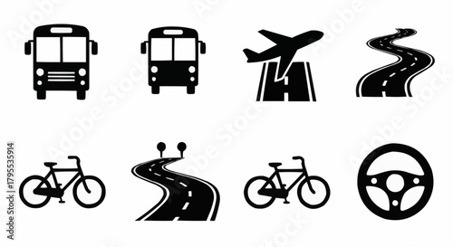 Black and white transportation icons including buses, airplane, roads, bicycles and steering wheel