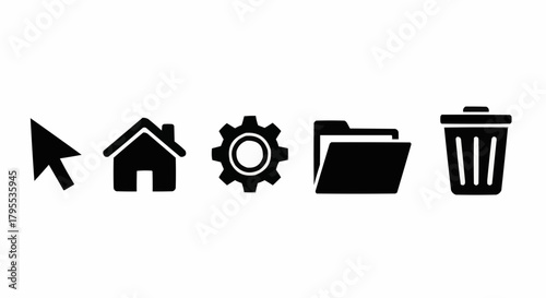 Illustration of five black icons including a cursor, house, gear, folder, and trash can in a row