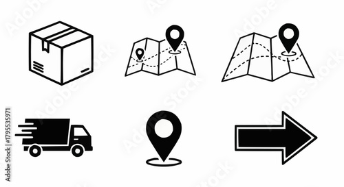 Illustration of delivery process icons including a box, truck, maps, location pin and arrow sign