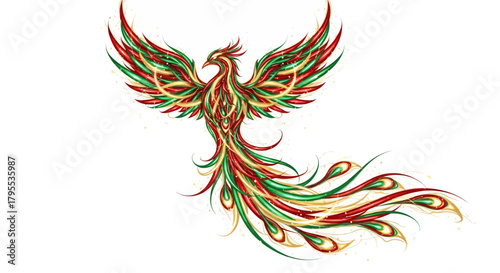 Stunning vibrant phoenix with flowing red green gold feathers rising in majestic motion, a symbol of rebirth and power