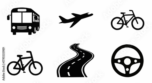 Illustration showcasing various modes of transportation including a bus, airplane, bicycle, and a road symbol
