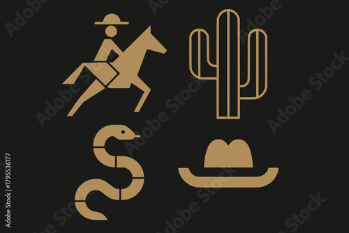 Minimalist Western Icons of Cowboy, Cactus, Snake, and Hat on Black Background