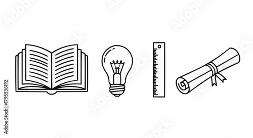 Illustration of an open book, light bulb, ruler and diploma scroll in black outline on white background