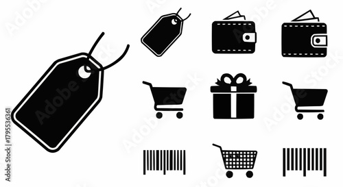 Illustration of shopping related icons including tags wallets carts and barcodes in black and white