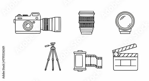 Illustration of camera, lenses, tripod, film roll, and clapperboard in black outline style on white background