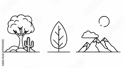 Three nature scenes in line art featuring a tree cactus leaf and mountains with a sun and cloud design