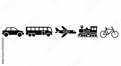 Illustration showing various modes of transportation including car bus airplane train and bicycle icons