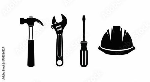 Illustration showing a hammer, wrench, screwdriver, and hard hat in black and white color scheme