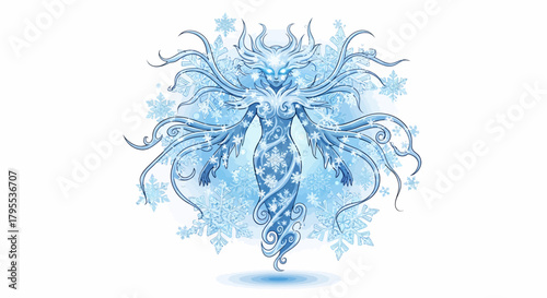 Captivating winter spirit adorned with sparkling snowflakes, radiating icy magic and ethereal beauty in a frosty, mystical design.