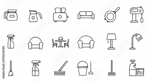 Outline drawings of household objects including furniture cleaning and kitchen appliances items shown