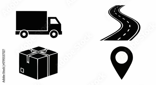 Black and white delivery elements including truck package road and location pin for logistics design